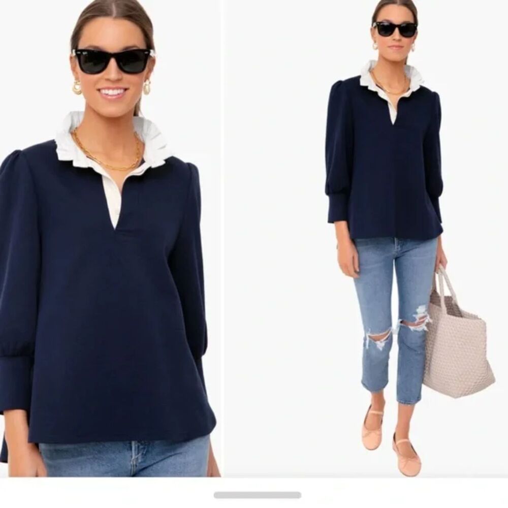 Soft Surroundings Navy Blue Ruffle Collar Jersey Top